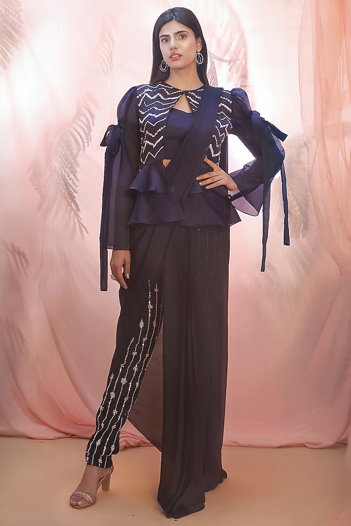 Navy Blue Crepe & Organza Hand Embroidered Pant Wedding Saree Set by MASUMI MEWAWALLA at Pernia's Pop Up Shop