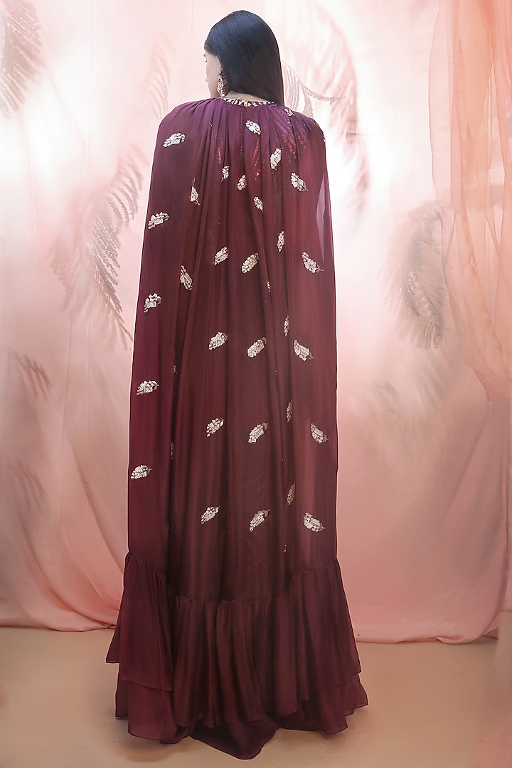Wine Silk & Organza Hand Embroidered Pant Wedding Saree Set by MASUMI MEWAWALLA at Pernia's Pop Up Shop