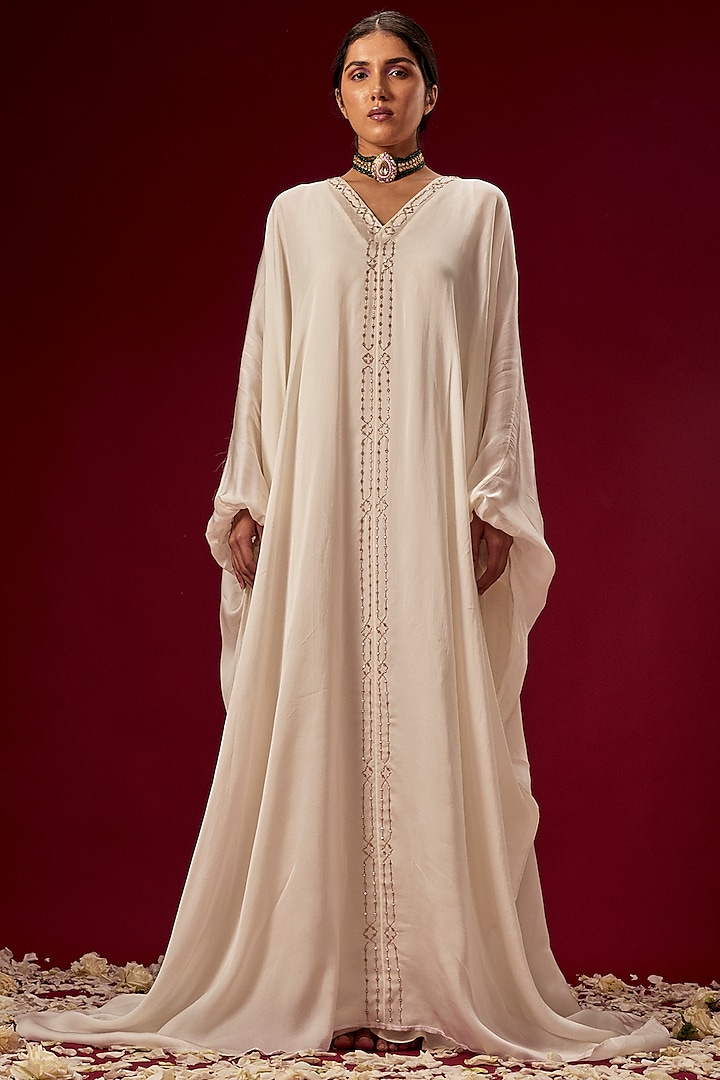 Off-White Hand Embroidered Kaftan by MASUMI MEWAWALLA at Pernia's Pop Up Shop