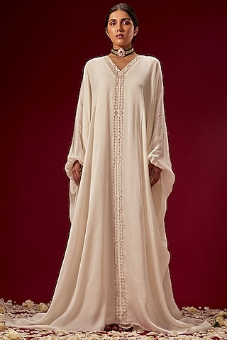Off-White Hand Embroidered Kaftan by MASUMI MEWAWALLA