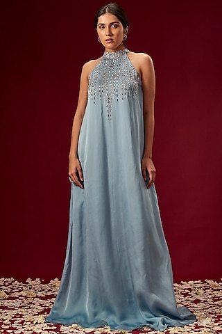 Lilac Blue Hand Embroidered Trapeze Gown by MASUMI MEWAWALLA