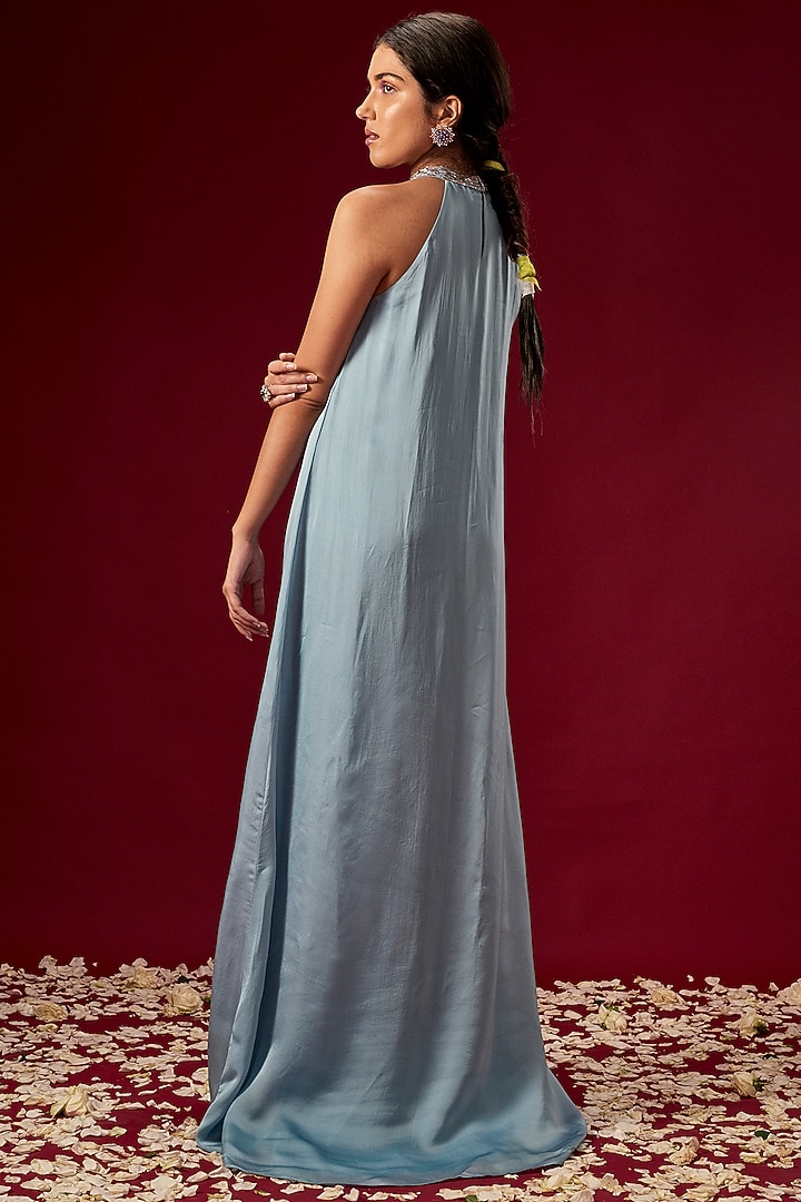 Lilac Blue Hand Embroidered Trapeze Gown by MASUMI MEWAWALLA at Pernia's Pop Up Shop