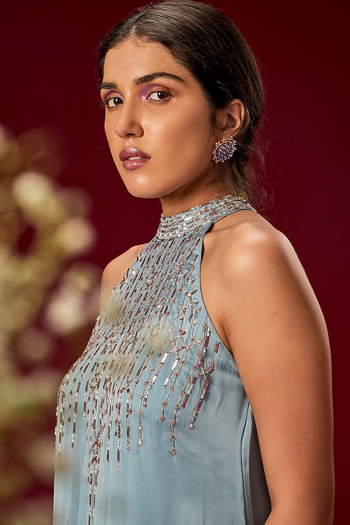 Lilac Blue Hand Embroidered Trapeze Gown by MASUMI MEWAWALLA at Pernia's Pop Up Shop