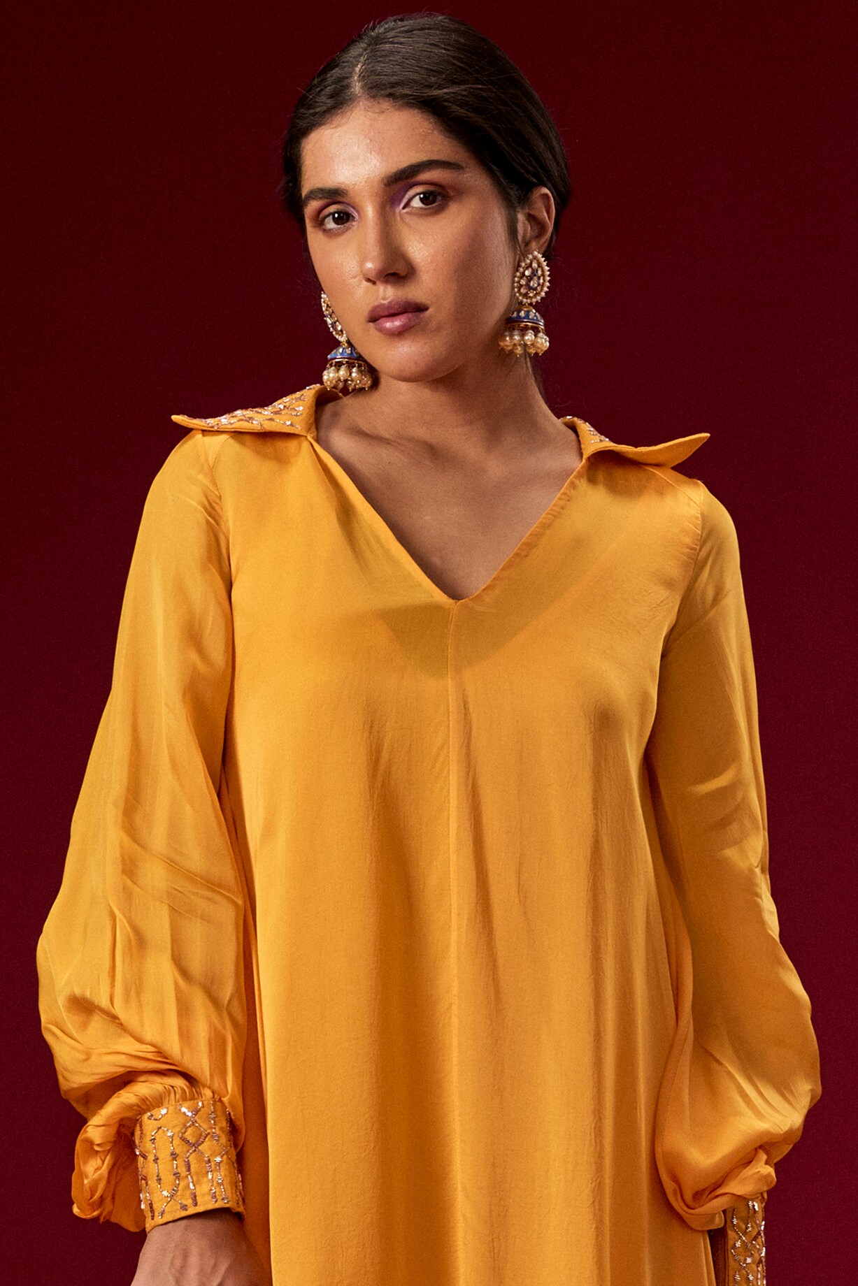 Yellow - Hand Embroidery Fine Tissue Zari Straight Plain Kurta for women 01