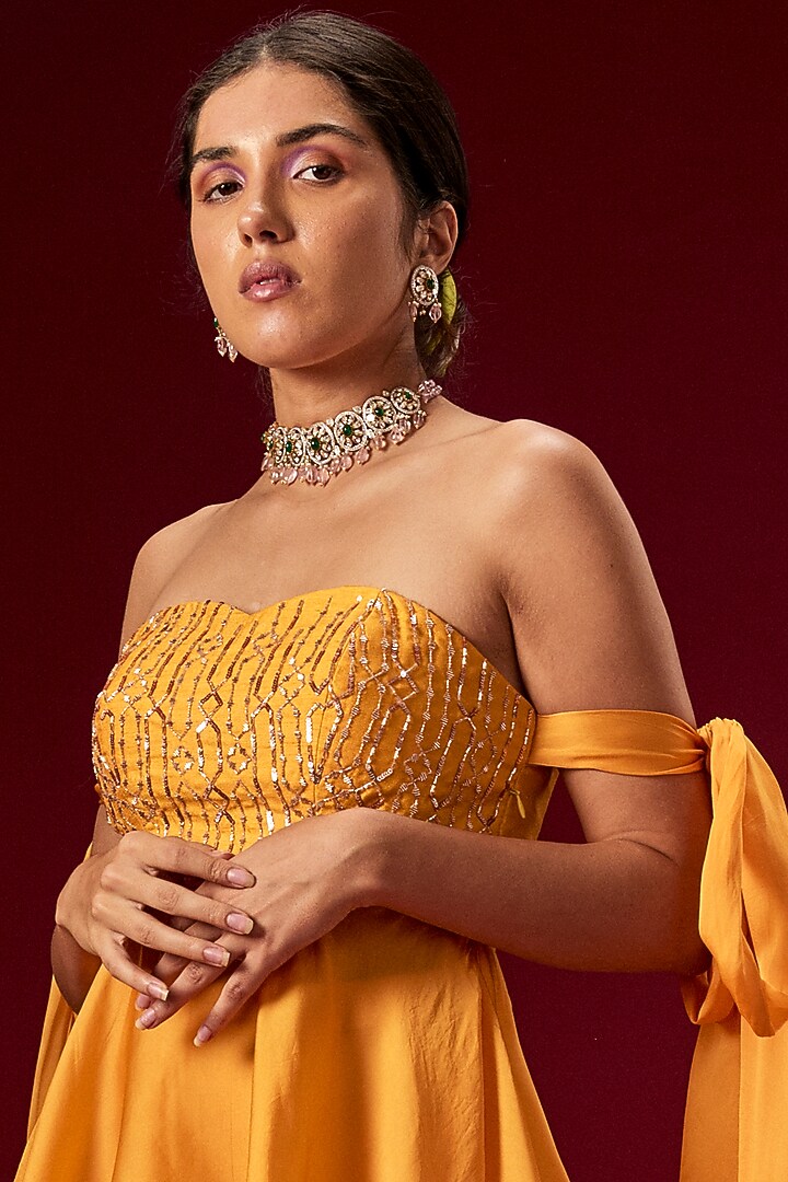 Yellow Satin Organza Pant Set by MASUMI MEWAWALLA at Pernia's Pop Up Shop