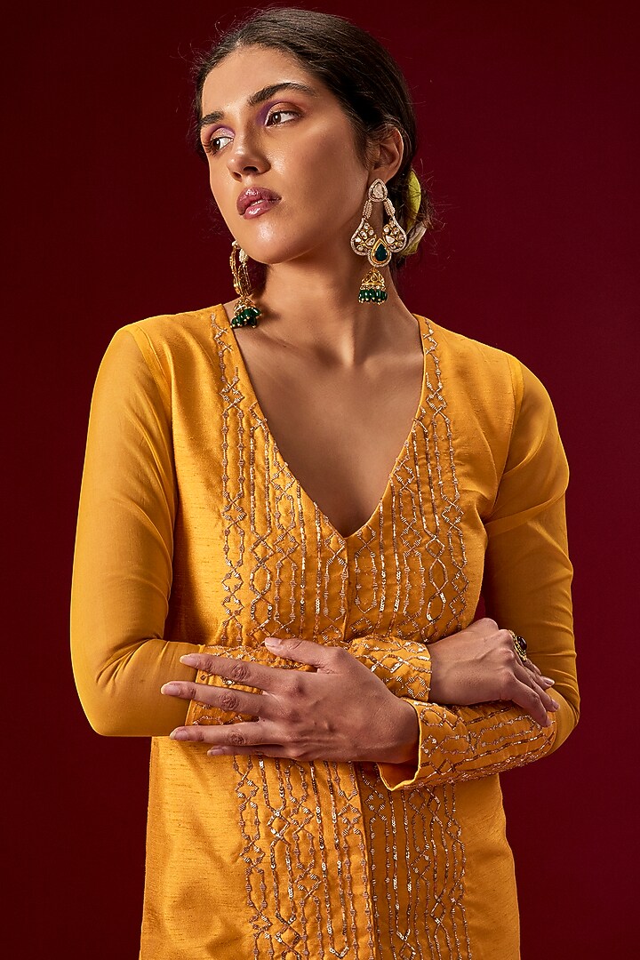 Yellow Dupion Silk & Crepe Dhoti Set by MASUMI MEWAWALLA at Pernia's Pop Up Shop