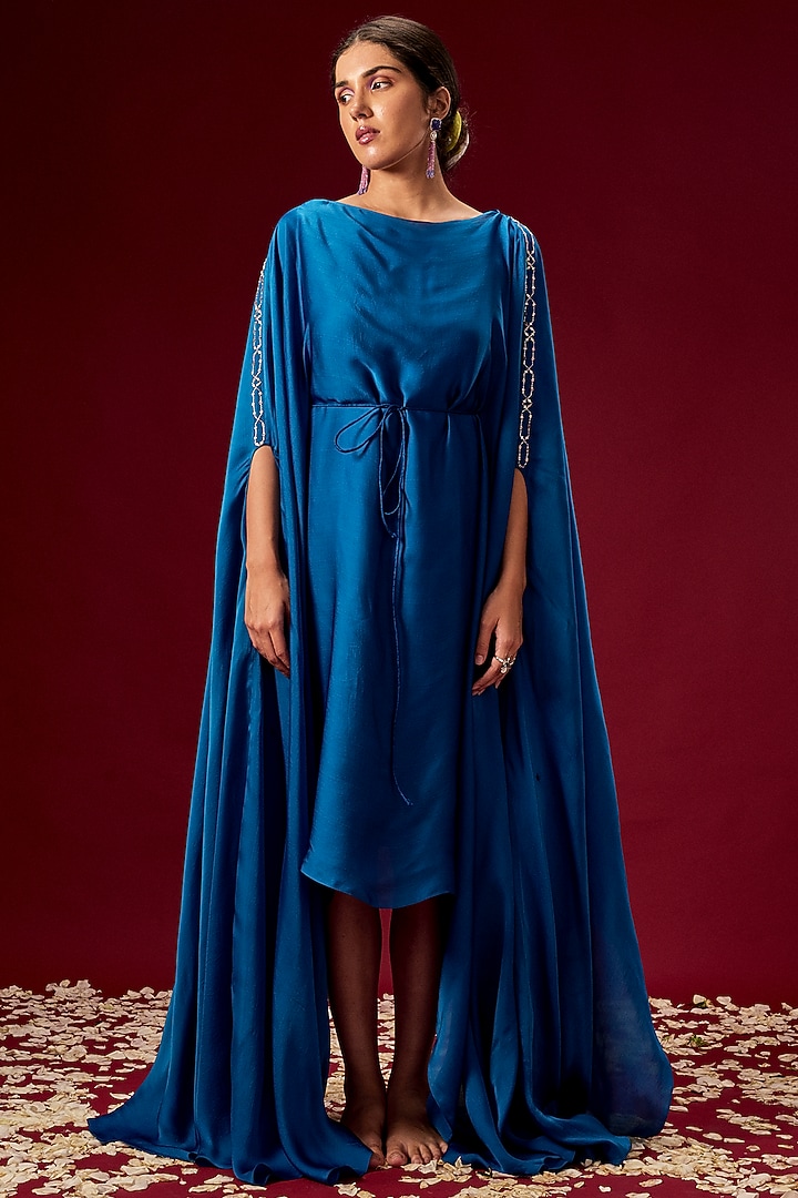 Dark Midnight Blue Hand Embroidered Kaftan Dress by MASUMI MEWAWALLA at Pernia's Pop Up Shop