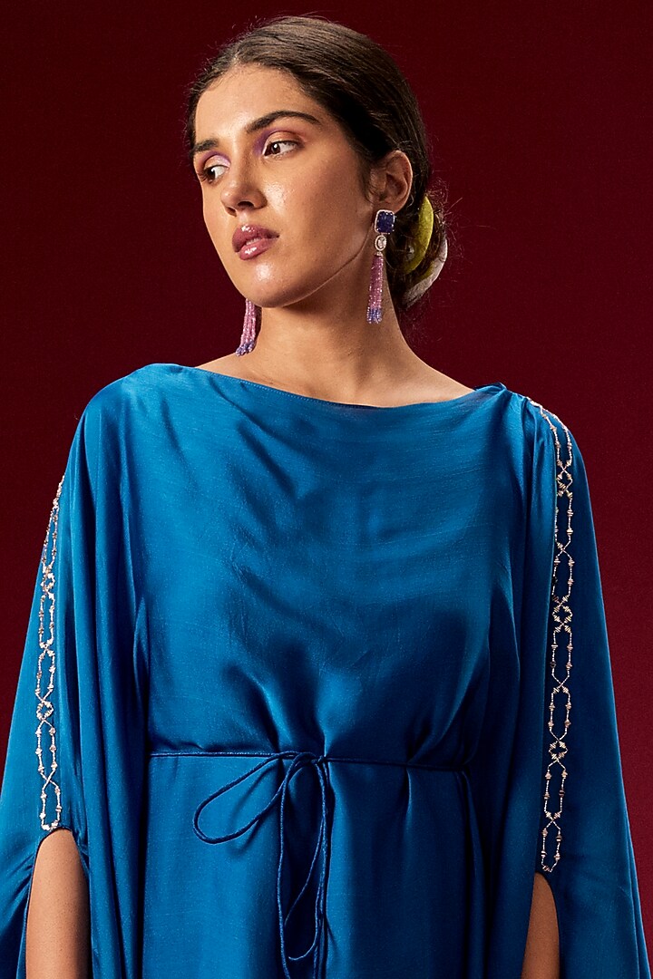 Dark Midnight Blue Hand Embroidered Kaftan Dress by MASUMI MEWAWALLA at Pernia's Pop Up Shop