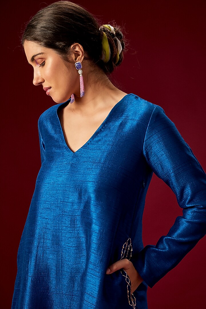 Dark Midnight Blue Hand Embroidered Summer Dress by MASUMI MEWAWALLA at Pernia's Pop Up Shop