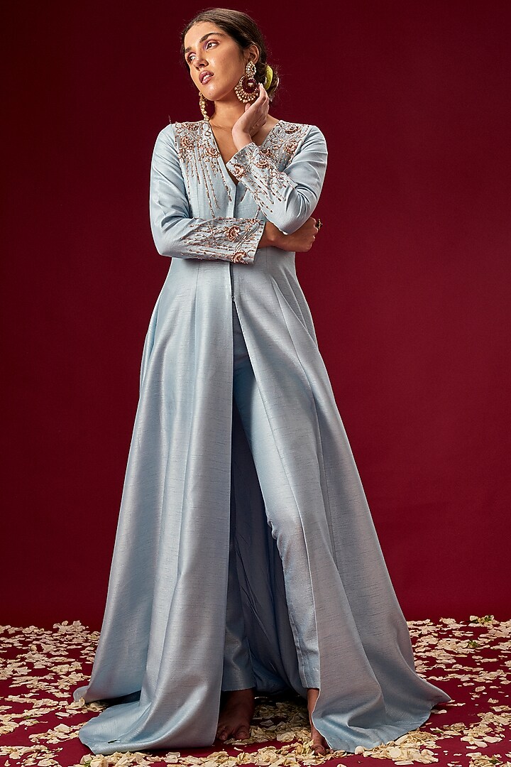 Lilac Blue Hand Embroidered Jacket Set by MASUMI MEWAWALLA at Pernia's Pop Up Shop