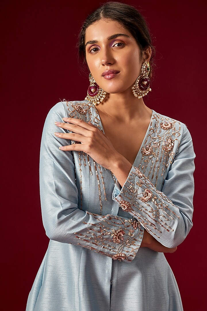 Lilac Blue Hand Embroidered Jacket Set by MASUMI MEWAWALLA at Pernia's Pop Up Shop