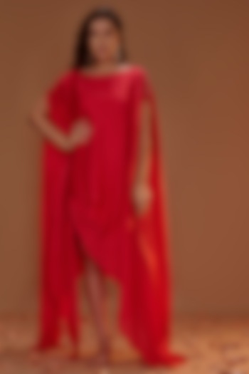 Red Satin Organza Pleated Kaftan by MASUMI MEWAWALLA at Pernia's Pop Up Shop