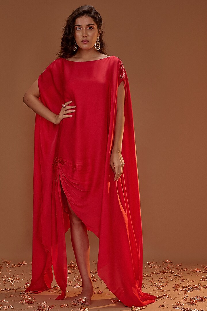 Red Satin Organza Pleated Kaftan by MASUMI MEWAWALLA at Pernia's Pop Up Shop