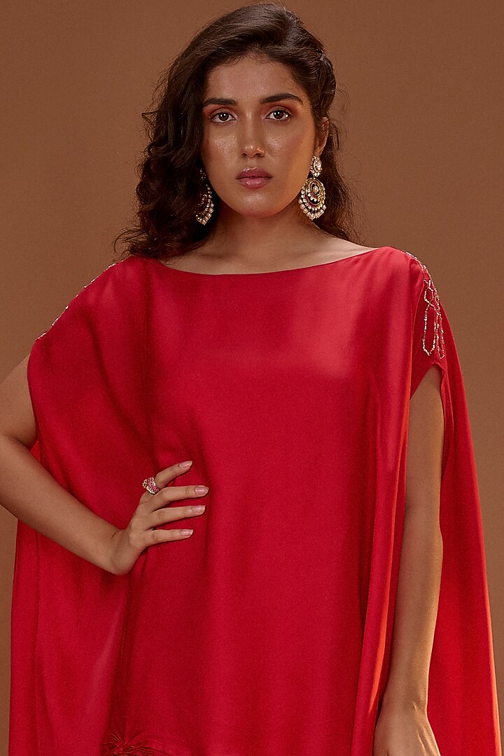 Red Satin Organza Pleated Kaftan by MASUMI MEWAWALLA at Pernia's Pop Up Shop