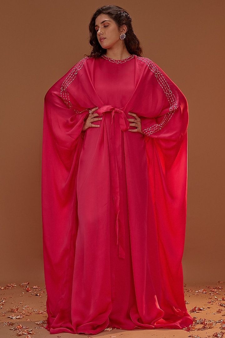 Hot Pink Satin Organza Kaftan by MASUMI MEWAWALLA at Pernia's Pop Up Shop