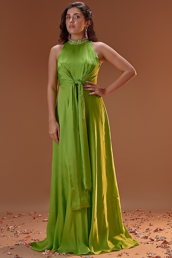 Green Halter Neck Gown by MASUMI MEWAWALLA