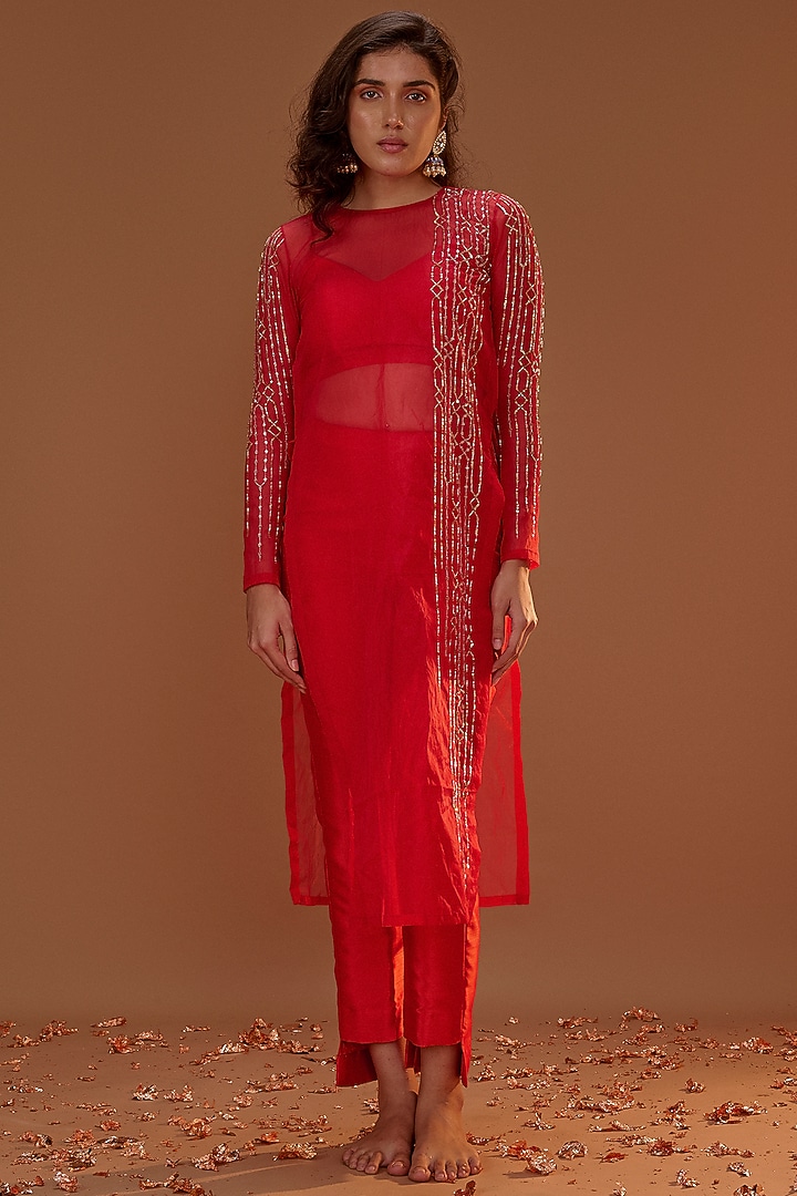 Red Organza Kurta Set by MASUMI MEWAWALLA at Pernia's Pop Up Shop