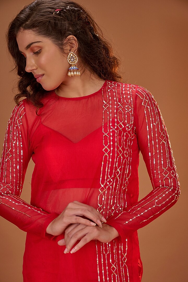Red Organza Kurta Set by MASUMI MEWAWALLA at Pernia's Pop Up Shop