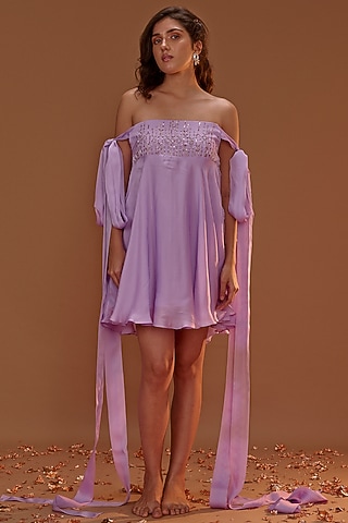 Lilac Satin Organza Mini Dress by MASUMI MEWAWALLA