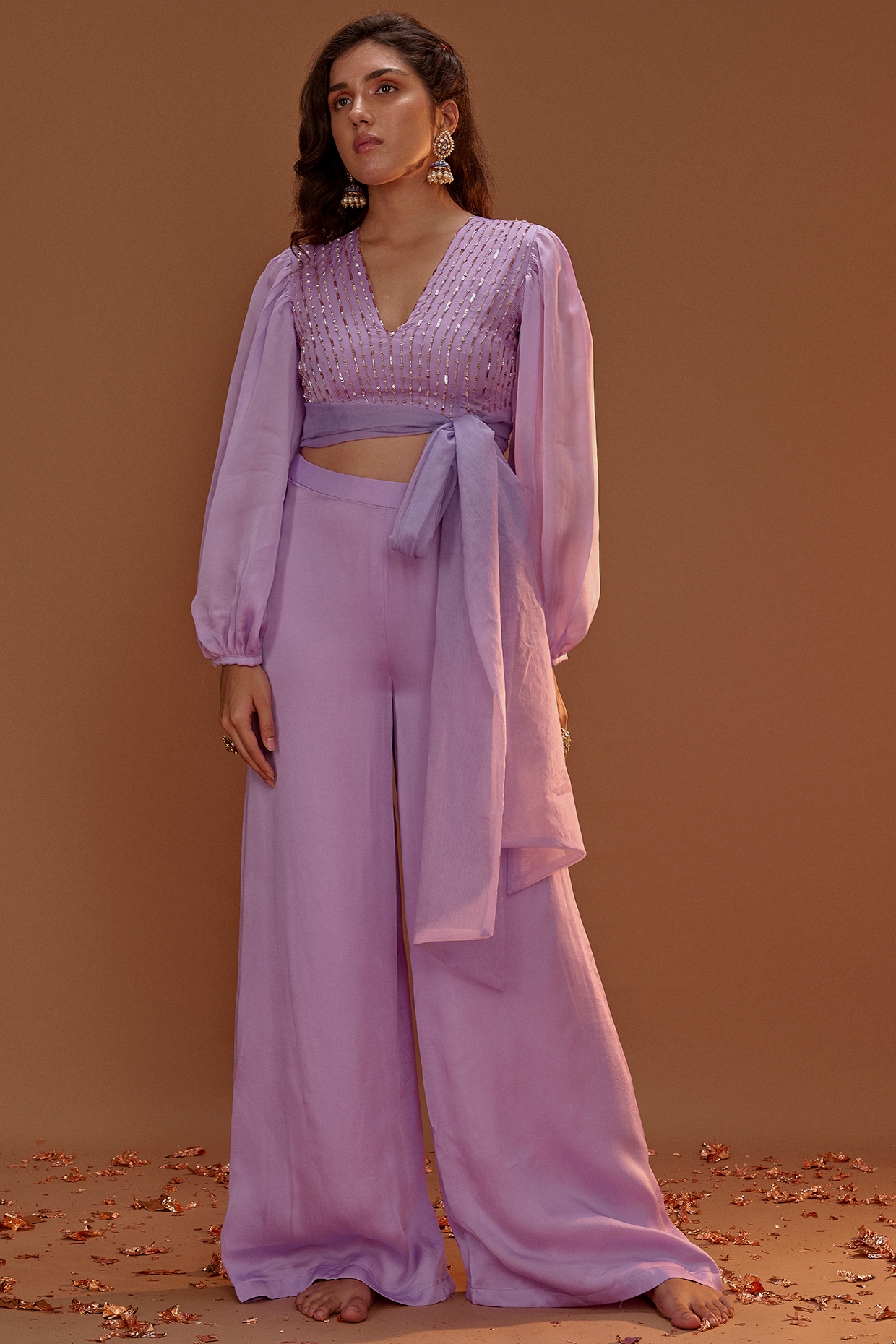 Buy Pink Printed Organza Silk Crop Shirt with Cotton Pants- Set of 2 |  KG-17/KIK3 | The loom