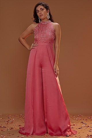 Salmon Pink Satin Organza Jumpsuit With Overlay by MASUMI MEWAWALLA