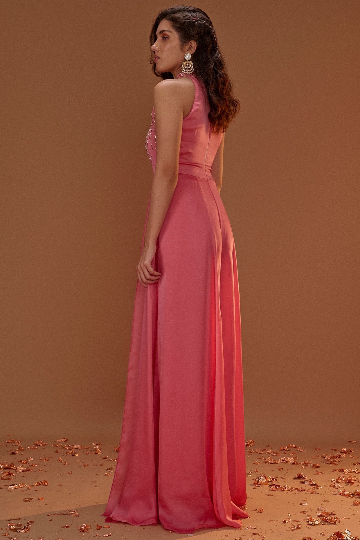 Salmon Pink Satin Organza Jumpsuit With Overlay Design by MASUMI