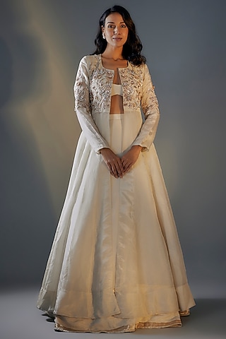 Beige Tissue Hand & Machine Embroidered Jacket Lehenga Set by MASUMI MEWAWALLA