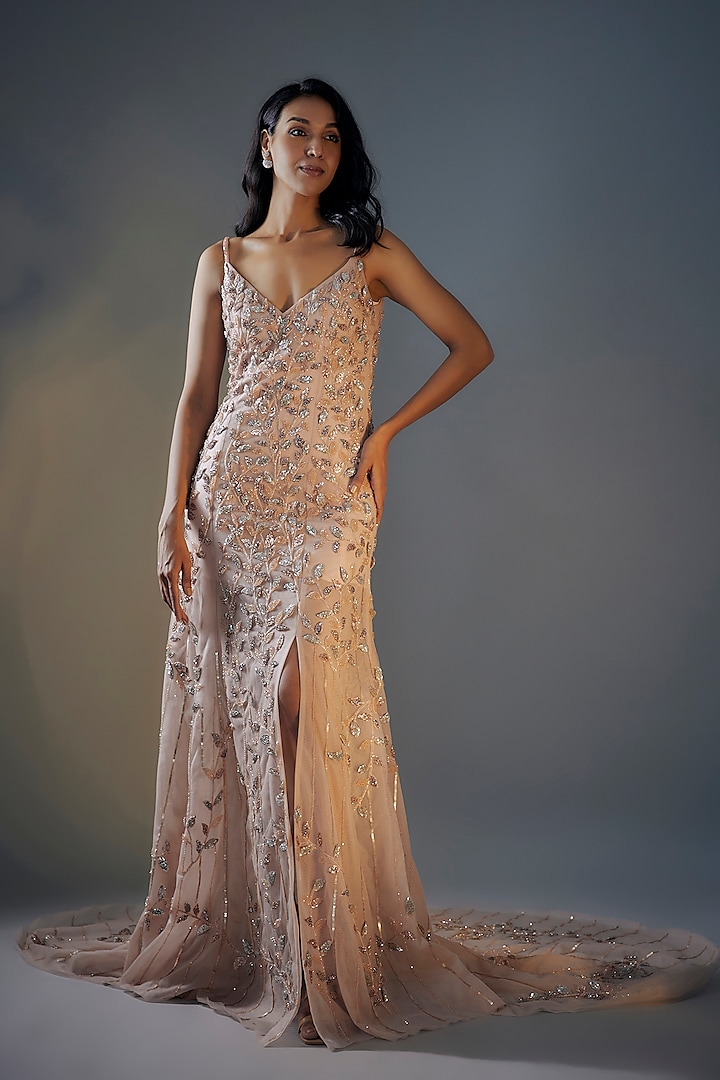 Rose Gold Net 3D Embroidered Trail Gown by MASUMI MEWAWALLA