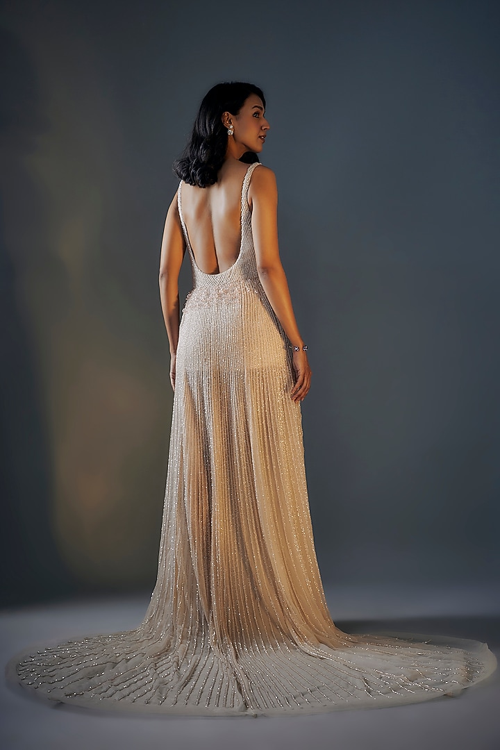 Beige Net Hand Embroidered Trail Bridal Gown by MASUMI MEWAWALLA at Pernia's Pop Up Shop