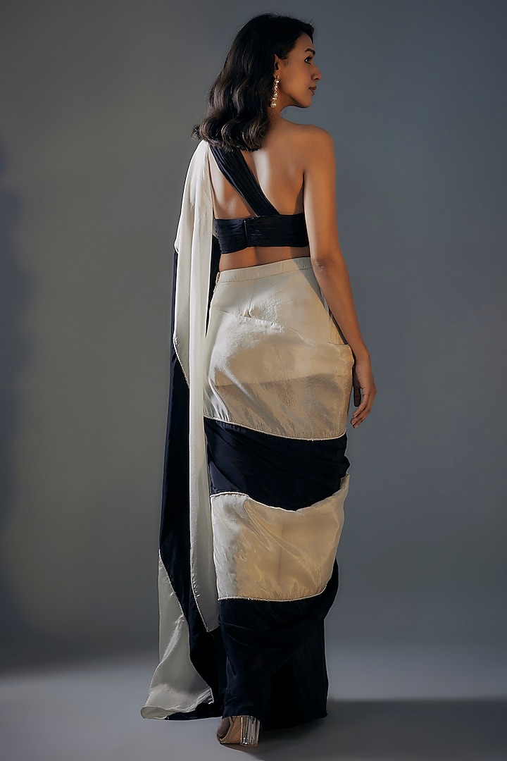 Black and Light Gold Tissue Hand Embroidered Pre-Stitched Party Wear Saree Set by MASUMI MEWAWALLA at Pernia's Pop Up Shop
