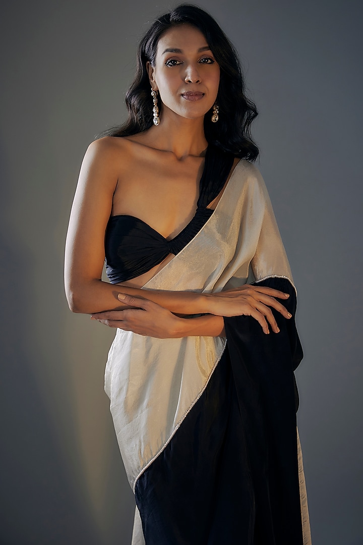 Black and Light Gold Tissue Hand Embroidered Pre-Stitched Party Wear Saree Set by MASUMI MEWAWALLA at Pernia's Pop Up Shop