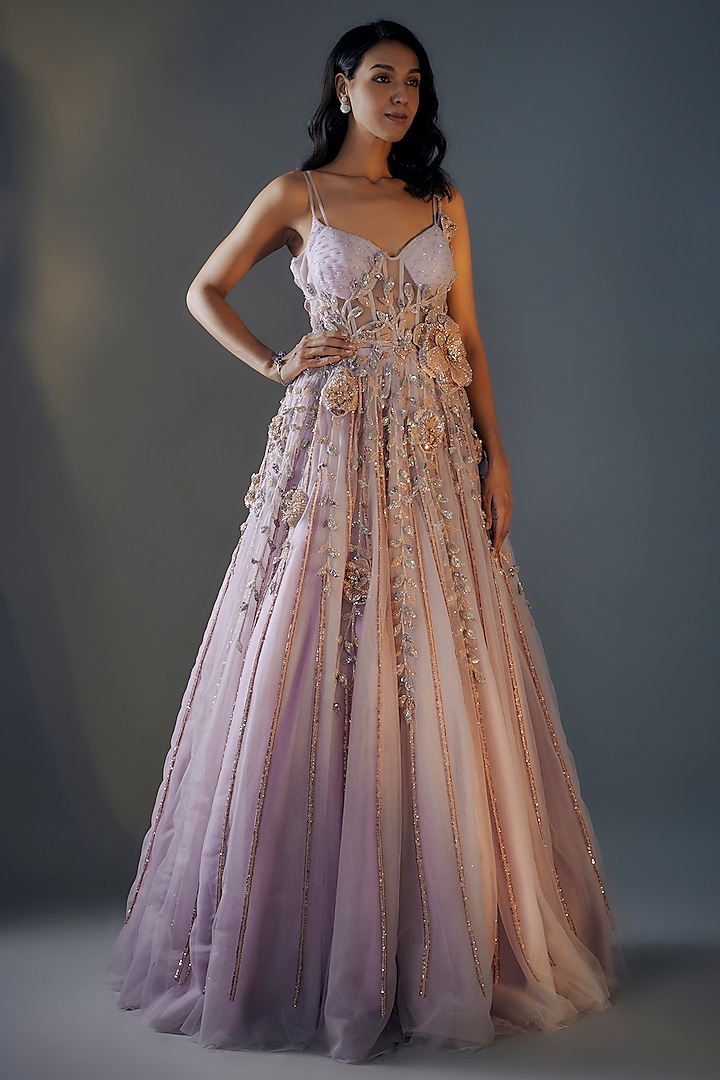 Lilac Net 3D Embroidered Corset Gown by MASUMI MEWAWALLA