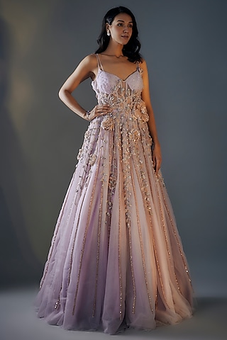 Lilac Net 3D Embroidered Corset Gown by MASUMI MEWAWALLA