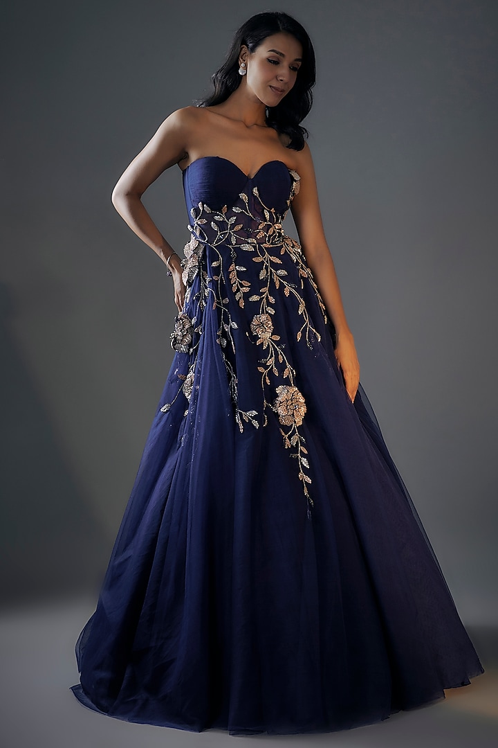 Navy Blue Net 3D Embroidered Corset Gown by MASUMI MEWAWALLA