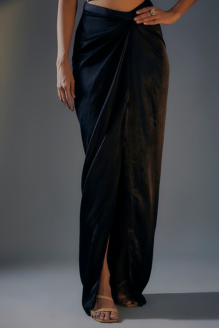 Black Mashru & Net Draped Skirt Set by MASUMI MEWAWALLA at Pernia's Pop Up Shop