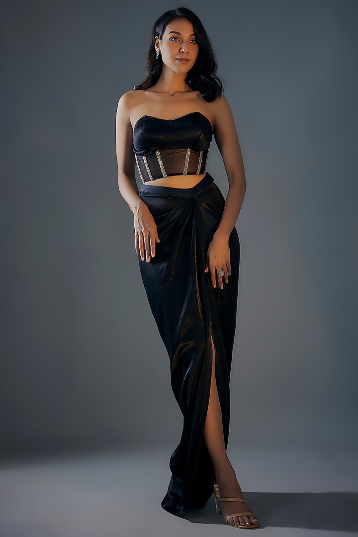 Black Mashru & Net Draped Skirt Set by MASUMI MEWAWALLA at Pernia's Pop Up Shop