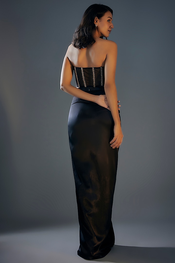 Black Mashru & Net Draped Skirt Set by MASUMI MEWAWALLA at Pernia's Pop Up Shop