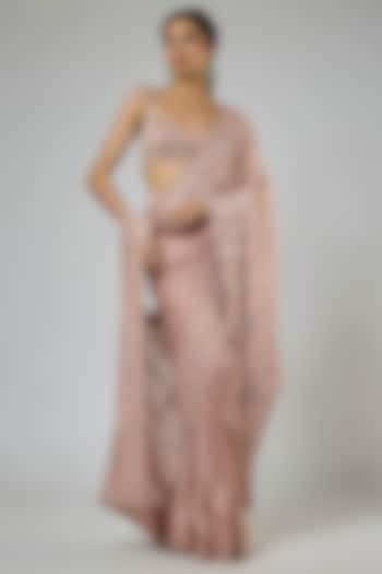 Onion Pink Bemberg Satin Georgette Embroidered Pre-Stitched Reception Saree Set by MASUMI MEWAWALLA at Pernia's Pop Up Shop