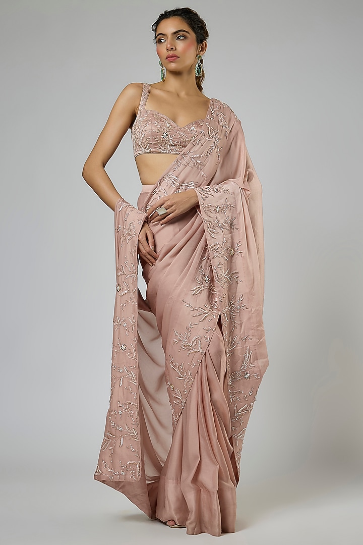 Onion Pink Bemberg Satin Georgette Embroidered Pre-Stitched Reception Saree Set by MASUMI MEWAWALLA at Pernia's Pop Up Shop