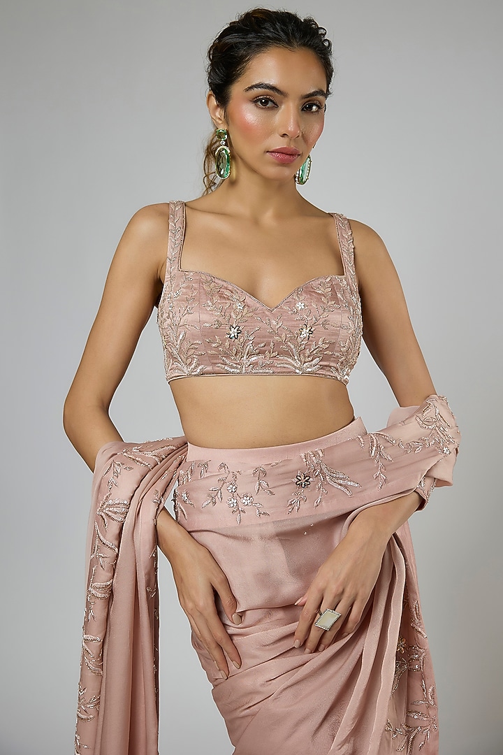 Onion Pink Bemberg Satin Georgette Embroidered Pre-Stitched Reception Saree Set by MASUMI MEWAWALLA at Pernia's Pop Up Shop