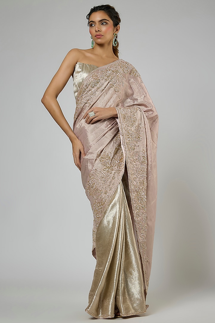Pink & Silver Handwoven Jacquard Tissue Embroidered Pre-Stitched Reception Saree Set by MASUMI MEWAWALLA at Pernia's Pop Up Shop