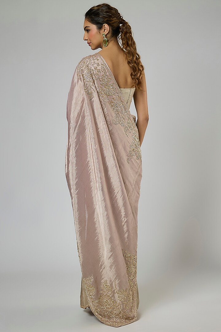 Pink & Silver Handwoven Jacquard Tissue Embroidered Pre-Stitched Reception Saree Set by MASUMI MEWAWALLA at Pernia's Pop Up Shop