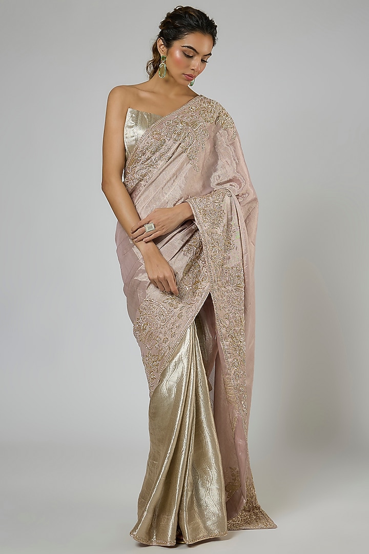 Pink & Silver Handwoven Jacquard Tissue Embroidered Pre-Stitched Reception Saree Set by MASUMI MEWAWALLA at Pernia's Pop Up Shop