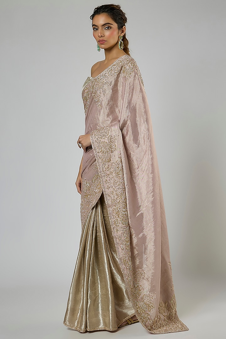 Pink & Silver Handwoven Jacquard Tissue Embroidered Pre-Stitched Reception Saree Set by MASUMI MEWAWALLA at Pernia's Pop Up Shop
