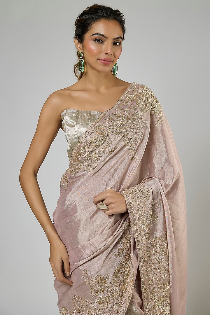 Pink & Silver Handwoven Jacquard Tissue Embroidered Pre-Stitched Reception Saree Set by MASUMI MEWAWALLA at Pernia's Pop Up Shop