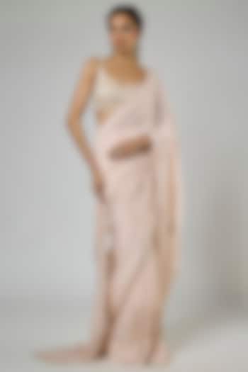 Light Peach Fuji Crepe Hand Embroidered Pre-Stitched Reception Saree Set by MASUMI MEWAWALLA at Pernia's Pop Up Shop