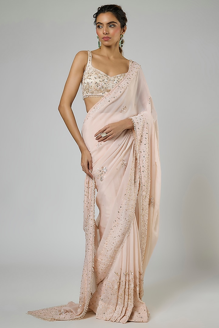 Light Peach Fuji Crepe Hand Embroidered Pre-Stitched Reception Saree Set by MASUMI MEWAWALLA at Pernia's Pop Up Shop