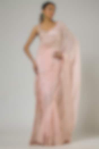 Peach Bemberg Satin Georgette Embroidered Pre-Stitched Reception Saree Set by MASUMI MEWAWALLA at Pernia's Pop Up Shop