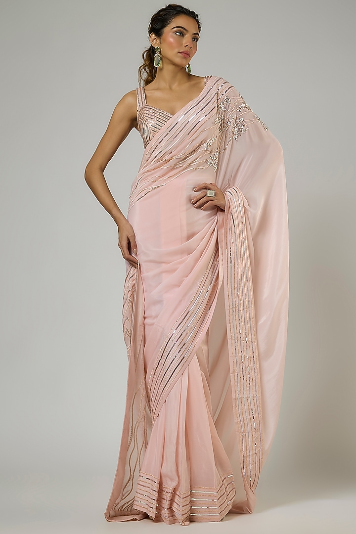 Peach Bemberg Satin Georgette Embroidered Pre-Stitched Reception Saree Set by MASUMI MEWAWALLA at Pernia's Pop Up Shop