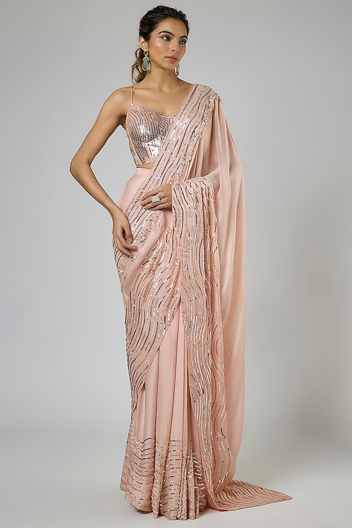 Peachy Pink Fuji Crepe Floral Embroidered Pre-Stitched Wedding Saree Set by MASUMI MEWAWALLA at Pernia's Pop Up Shop
